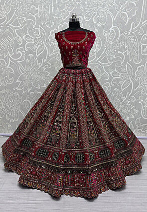 Embroidered Velvet Lehenga in Fuchsia