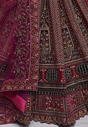 Embroidered Velvet Lehenga in Fuchsia