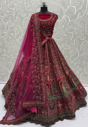 Embroidered Velvet Lehenga in Fuchsia
