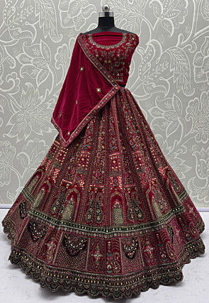 Embroidered Velvet Lehenga in Fuchsia