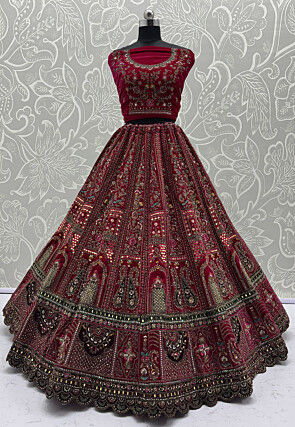 Embroidered Velvet Lehenga in Fuchsia