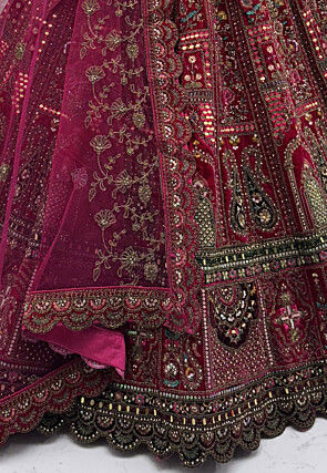 Embroidered Velvet Lehenga in Fuchsia