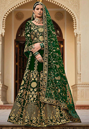 Embroidered Velvet Lehenga in Green