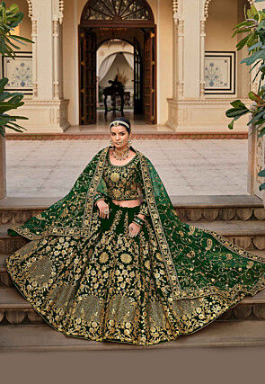 Embroidered Velvet Lehenga in Green