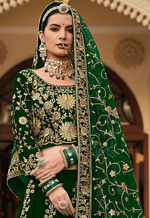 Embroidered Velvet Lehenga in Green