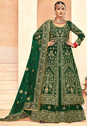 Embroidered Velvet Lehenga in Green