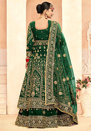 Embroidered Velvet Lehenga in Green