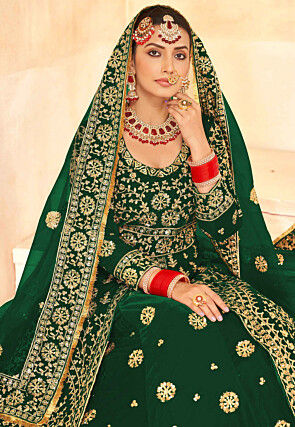 Embroidered Velvet Lehenga in Green