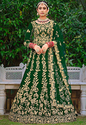 Bridal Lehengas : dark green satin heavy embroidered designer ...