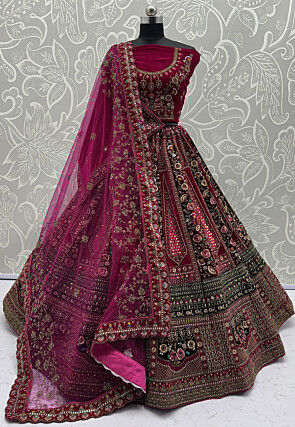Embroidered Velvet Lehenga in Magenta