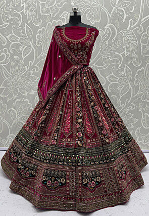Embroidered Velvet Lehenga in Magenta