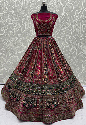 Embroidered Velvet Lehenga in Magenta
