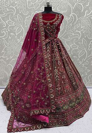Embroidered Velvet Lehenga in Magenta