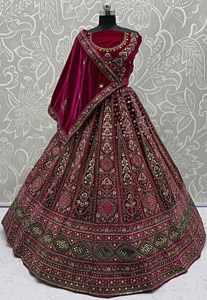 Embroidered Velvet Lehenga in Magenta
