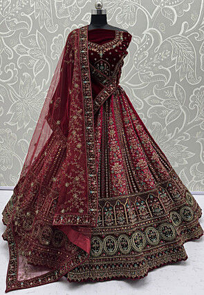 Embroidered Velvet Lehenga in Maroon and Fuchsia