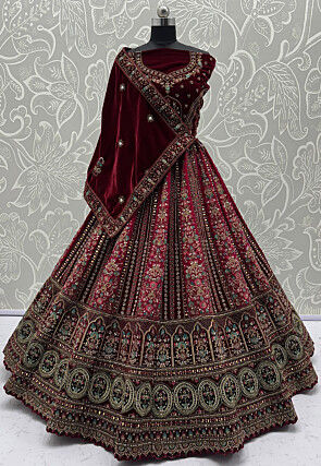 Embroidered Velvet Lehenga in Maroon and Fuchsia