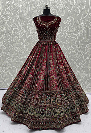 Embroidered Velvet Lehenga in Maroon and Fuchsia