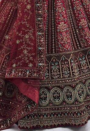 Embroidered Velvet Lehenga in Maroon and Fuchsia