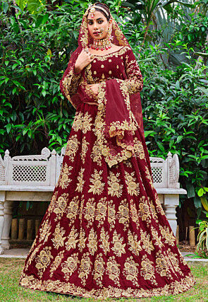 Berry Red Bridal Velvet Lehenga Choli with Embroidery & Hand work – Ethnos
