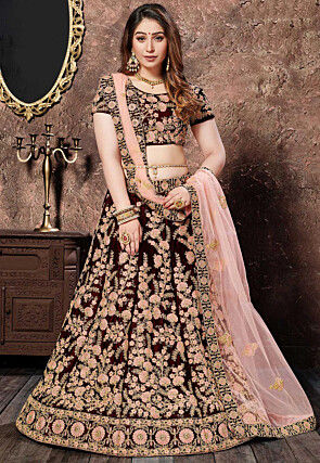 Embroidered Velvet Lehenga in Maroon
