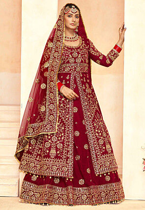 Embroidered Velvet Lehenga in Maroon