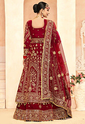 Embroidered Velvet Lehenga in Maroon