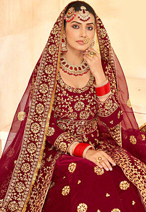 Embroidered Velvet Lehenga in Maroon