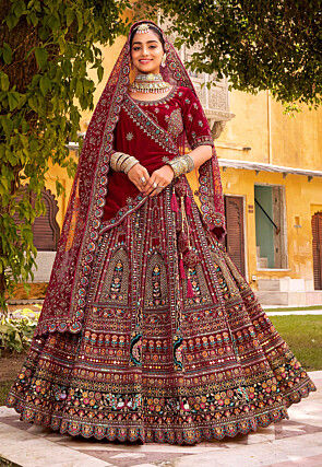 Embroidered Velvet Lehenga in Maroon