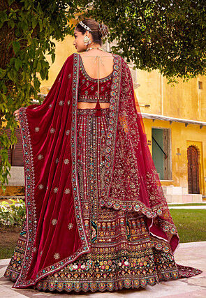 Embroidered Velvet Lehenga in Maroon