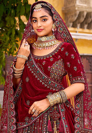 Embroidered Velvet Lehenga in Maroon