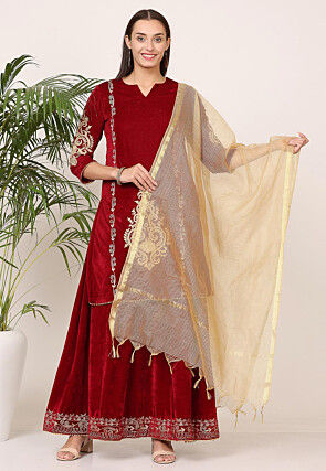 Embroidered Velvet Lehenga in Maroon