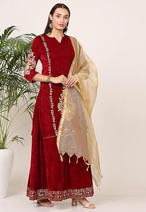Embroidered Velvet Lehenga in Maroon
