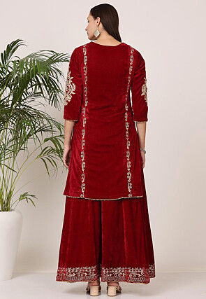 Embroidered Velvet Lehenga in Maroon