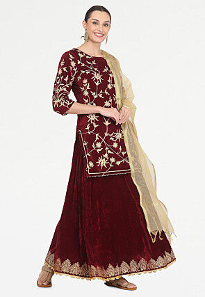 Embroidered Velvet Lehenga in Maroon
