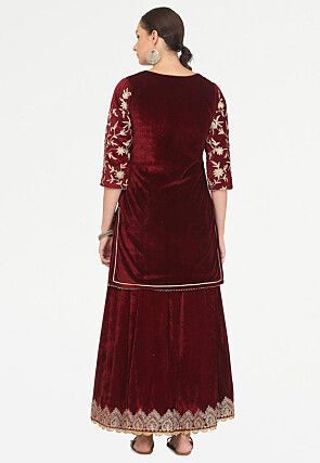 Embroidered Velvet Lehenga in Maroon