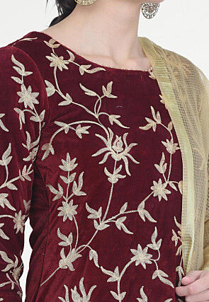 Embroidered Velvet Lehenga in Maroon
