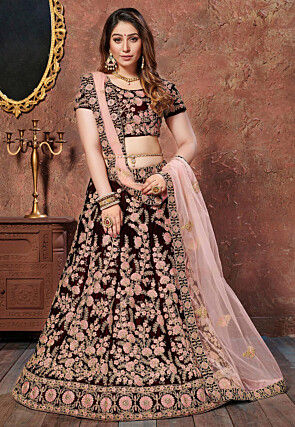 Embroidered Velvet Lehenga in Maroon