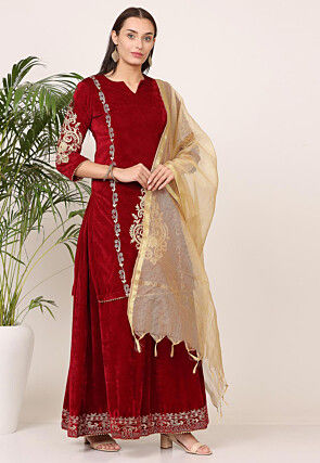 Embroidered Velvet Lehenga in Maroon