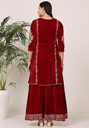 Embroidered Velvet Lehenga in Maroon