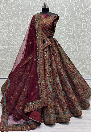 Embroidered Velvet Lehenga in Maroon