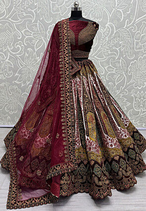 Embroidered Velvet Lehenga in Maroon