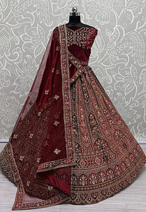 Embroidered Velvet Lehenga in Maroon