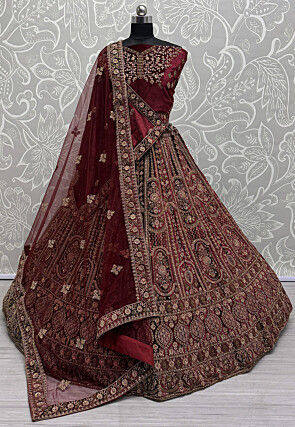Embroidered Velvet Lehenga in Maroon