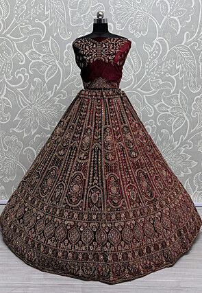 Embroidered Velvet Lehenga in Maroon