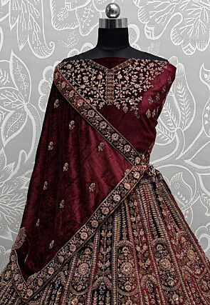Embroidered Velvet Lehenga in Maroon