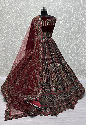 Embroidered Velvet Lehenga in Maroon