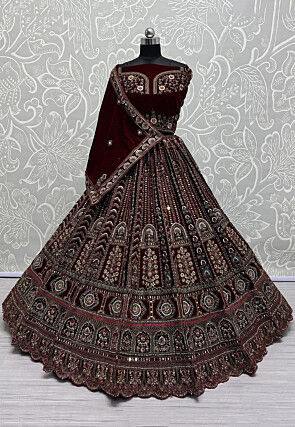 Embroidered Velvet Lehenga in Maroon