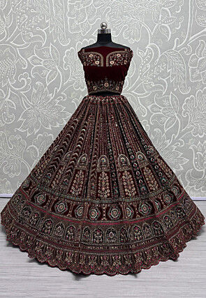 Embroidered Velvet Lehenga in Maroon