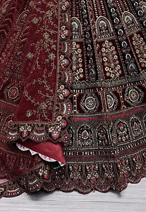 Embroidered Velvet Lehenga in Maroon