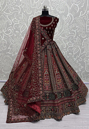 Embroidered Velvet Lehenga in Maroon
